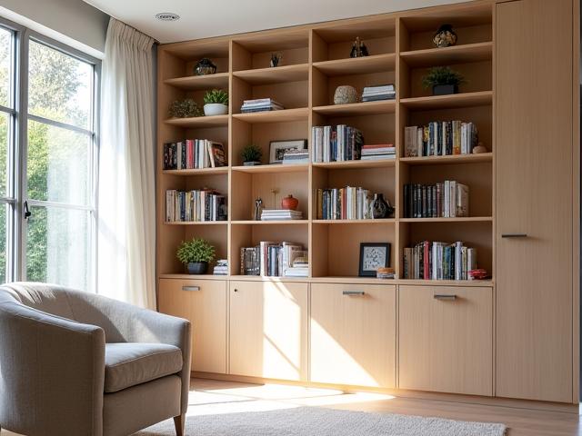 Bibliothèque intégrée sur mesure en bois clair, style moderne