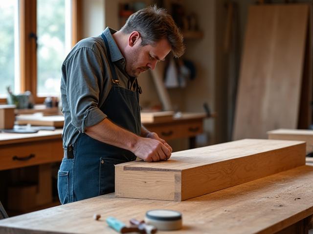 Artisan travaillant sur un meuble sur mesure dans un atelier lumineux