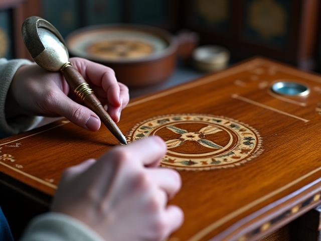 Main d'un artisan restaurant une marqueterie délicate d'un meuble ancien