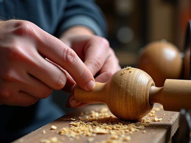 Gros plan sur des copeaux de bois s'envolant d'un tour à bois, main d'artisan en action